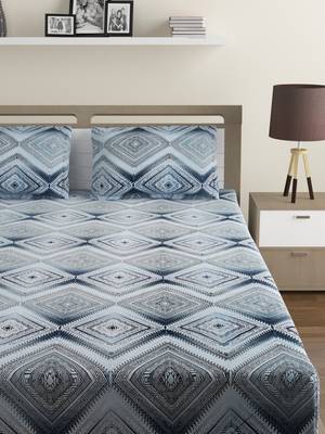 Premium 100% Cotton 200 TC Geometric Extra Large Bed Sheet with 2 Pillow Covers  Blue Off White 2