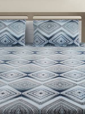 Premium 100% Cotton 200 TC Geometric Extra Large Bed Sheet with 2 Pillow Covers  Blue Off White 3