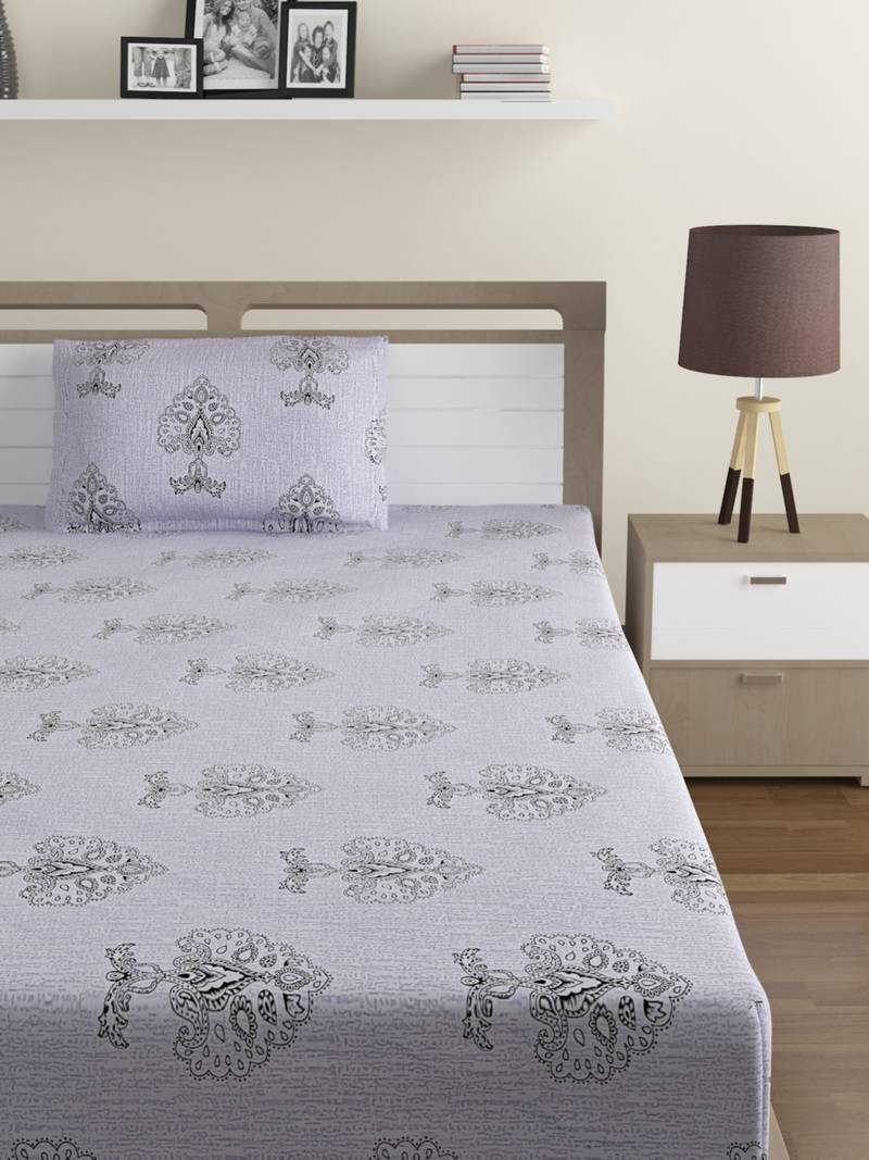 Premium 100% Cotton 200 TC Floral Single Bed Sheet with 1 Pillow Cover  Beige Off White