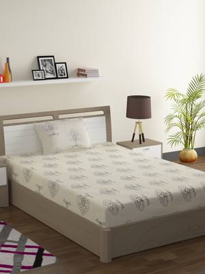 Premium 100% Cotton 200 TC Floral Single Bed Sheet with 1 Pillow Cover  Off White Grey 1