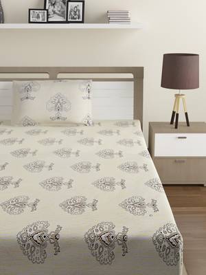 Premium 100% Cotton 200 TC Floral Single Bed Sheet with 1 Pillow Cover  Off White Grey 2