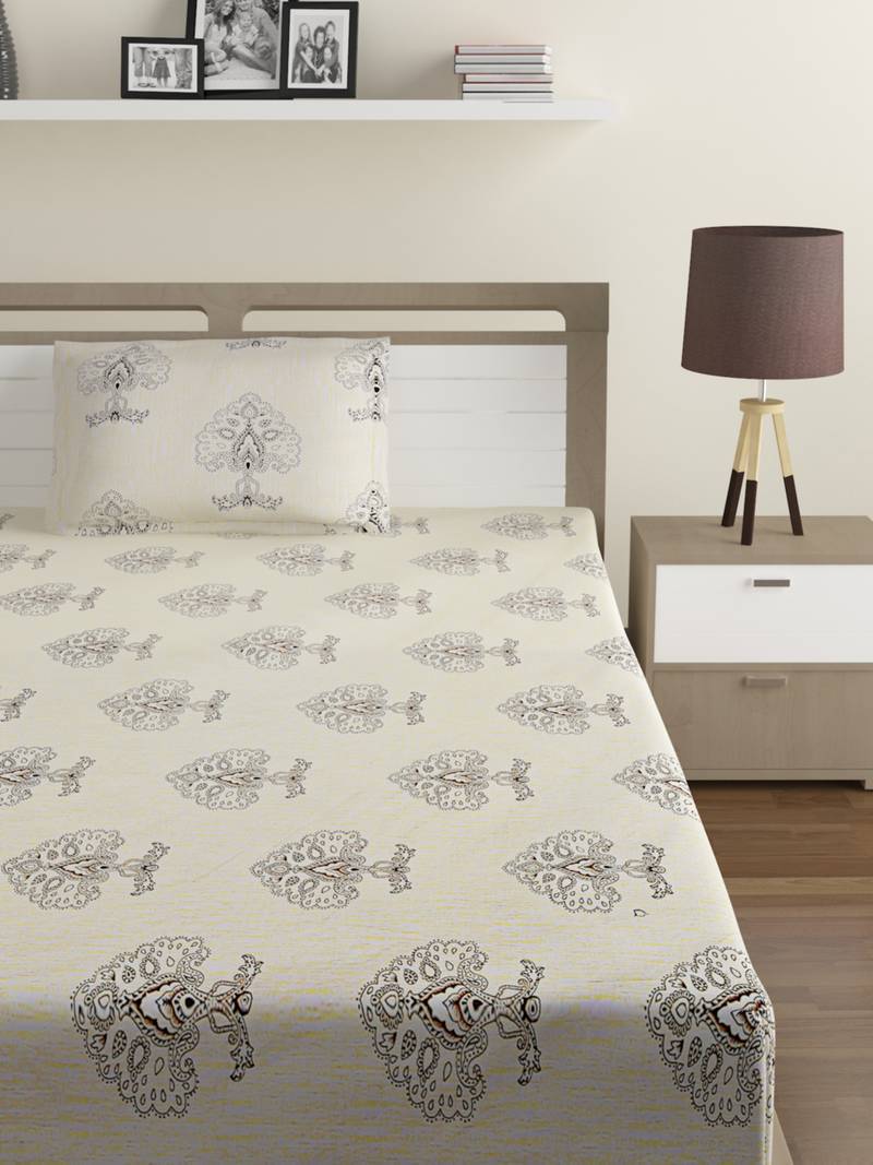 Premium 100% Cotton 200 TC Floral Single Bed Sheet with 1 Pillow Cover  Off White Grey