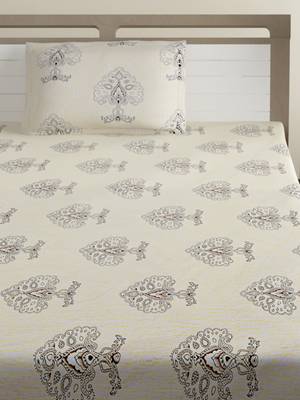 Premium 100% Cotton 200 TC Floral Single Bed Sheet with 1 Pillow Cover  Off White Grey 3