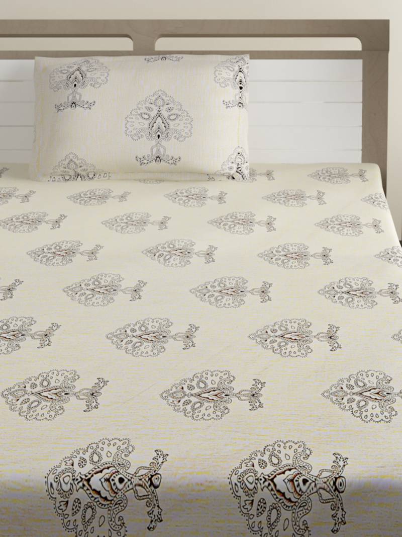 Premium 100% Cotton 200 TC Floral Single Bed Sheet with 1 Pillow Cover  Off White Grey