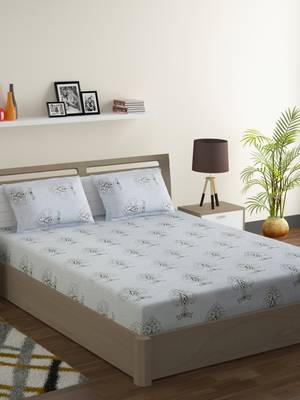 Premium 100% Cotton 200 TC Floral Double Bed Sheet with 2 Pillow Covers  Sky Blue Grey 1