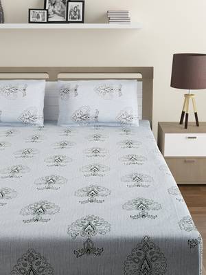 Premium 100% Cotton 200 TC Floral Double Bed Sheet with 2 Pillow Covers  Sky Blue Grey 2