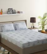 Premium 100% Cotton 200 TC Floral Fitted Double Bed Sheet with 2 Pillow Covers  Sky Blue Grey