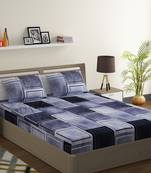 Mercerized Cotton 210 TC Geometric Fitted Double Bed Sheet with 2 Pillow Covers  Grey Off White