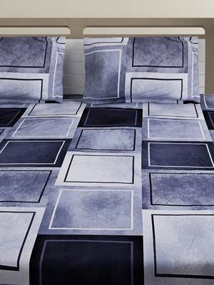 Mercerized Cotton 210 TC Geometric Fitted Double Bed Sheet with 2 Pillow Covers  Grey Off White 3