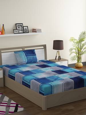 Mercerized Cotton 210 TC Geometric Single Bed Sheet with 1 Pillow Cover  Blue Grey 1