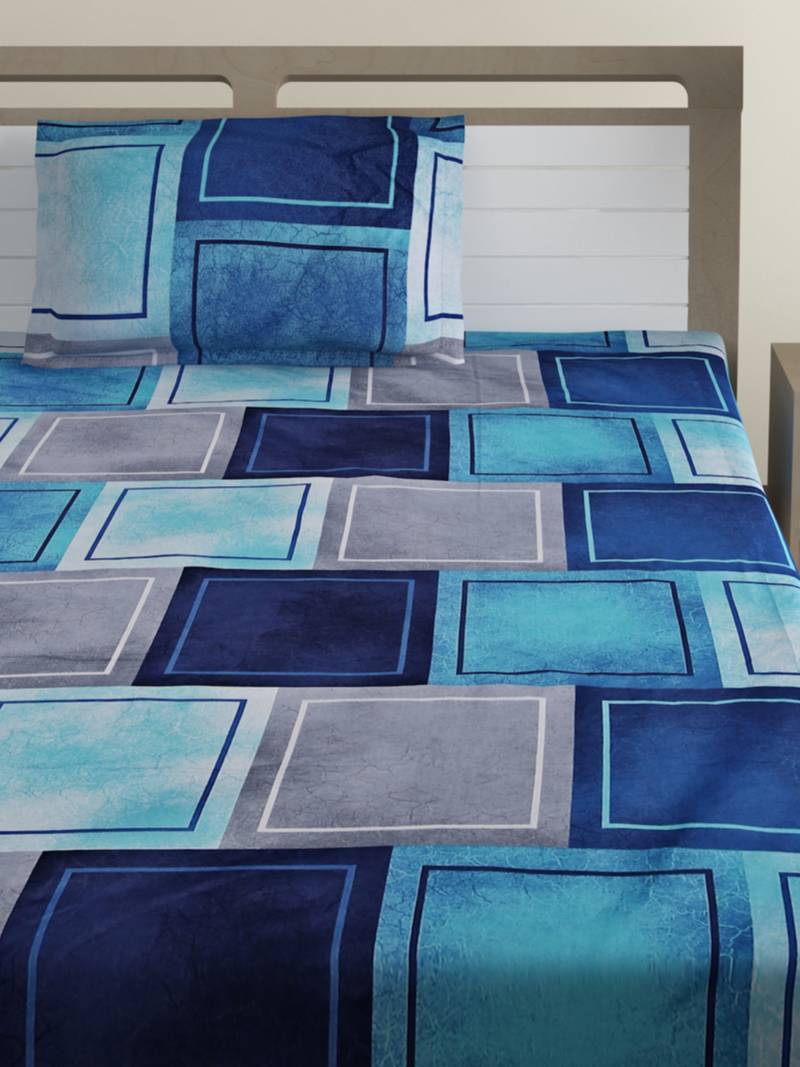 Mercerized Cotton 210 TC Geometric Single Bed Sheet with 1 Pillow Cover  Blue Grey