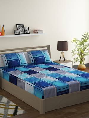 Mercerized Cotton 210 TC Geometric Double Bed Sheet with 2 Pillow Covers  Blue Grey 1