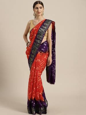 Orange printed jacquard saree with blouse 1