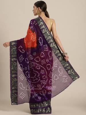 Orange printed jacquard saree with blouse 2