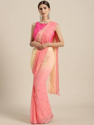 Pink embroidered chiffon saree with blouse 1