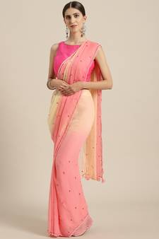 Pink embroidered chiffon saree with blouse