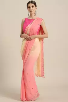 Pink embroidered chiffon saree with blouse