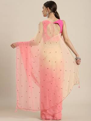 Pink embroidered chiffon saree with blouse 2