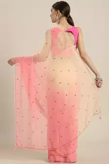 Pink embroidered chiffon saree with blouse