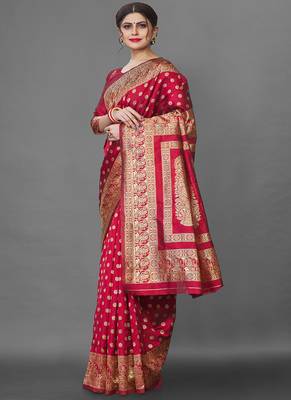 Red Color Goergeous  Banarasi Saree with Blouse Piece for Women 2