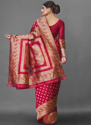 Red Color Goergeous  Banarasi Saree with Blouse Piece for Women 3