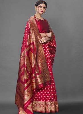 Red Color Goergeous  Banarasi Saree with Blouse Piece for Women 4