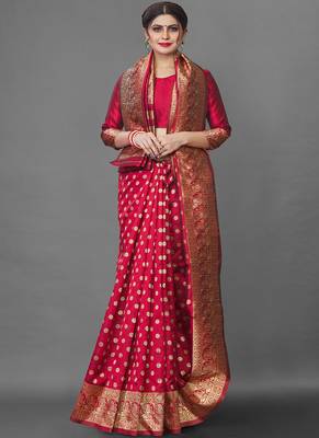 Red Color Goergeous  Banarasi Saree with Blouse Piece for Women 5
