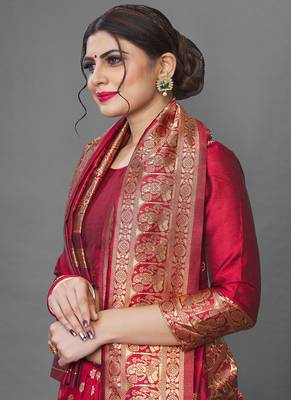 Red Color Goergeous  Banarasi Saree with Blouse Piece for Women 6