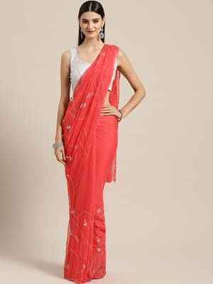 Pink plain chiffon saree with blouse 1