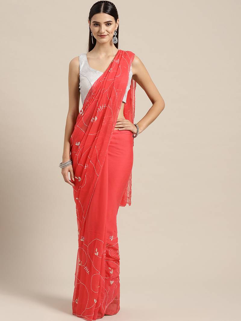 Pink plain chiffon saree with blouse