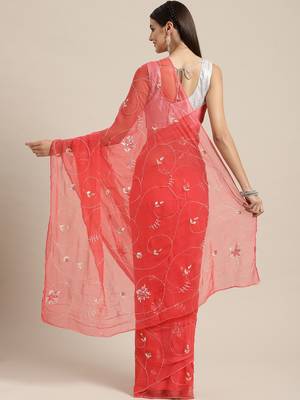 Pink plain chiffon saree with blouse 2
