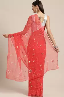 Pink plain chiffon saree with blouse