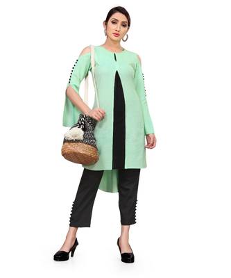green Cold Shoulder - centre pleat kurta 1
