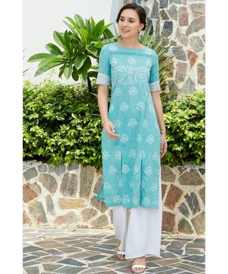 Turquoise printed cotton kurtis 1