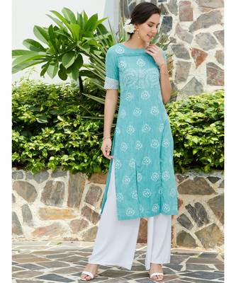 Turquoise printed cotton kurtis 2