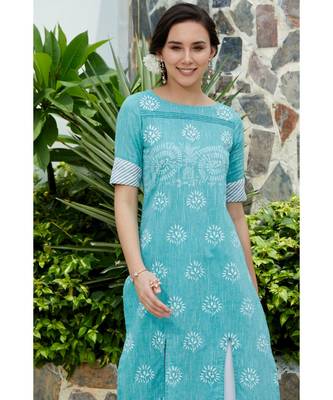 Turquoise printed cotton kurtis 3