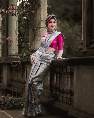 Grey Color Goergeous  Banarasi Saree with Blouse Piece for Women. 3