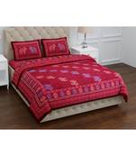 Red Pure Cotton  Ehtnic King Size Double Bed Sheet With Pillow Cover