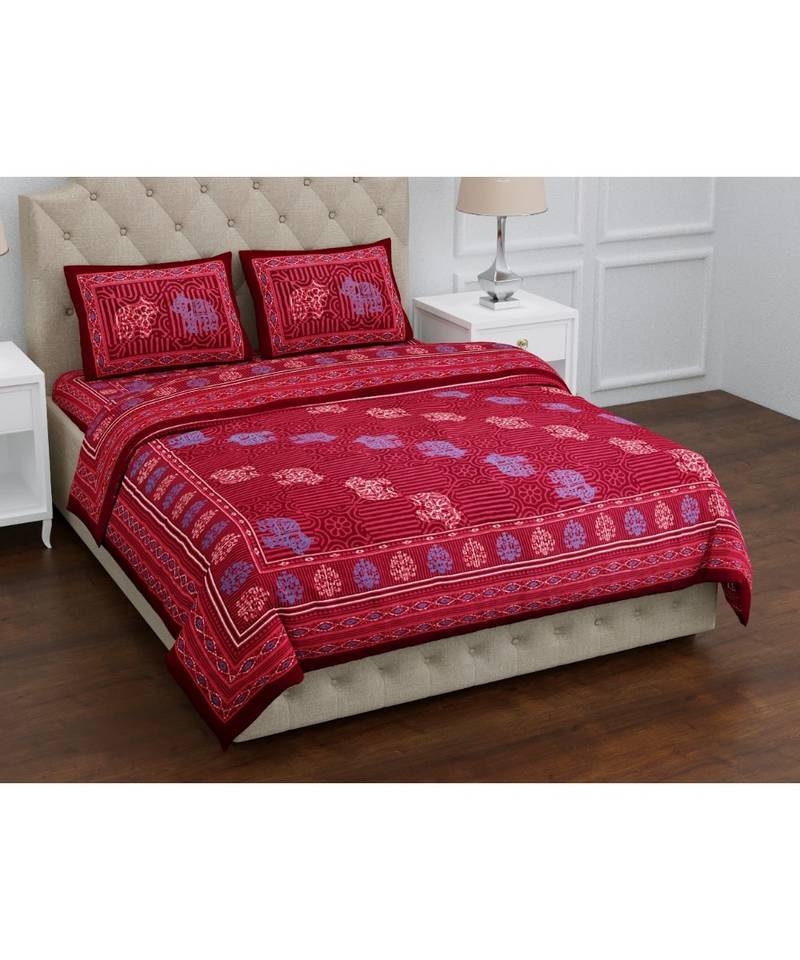 Red Pure Cotton  Ehtnic King Size Double Bed Sheet With Pillow Cover
