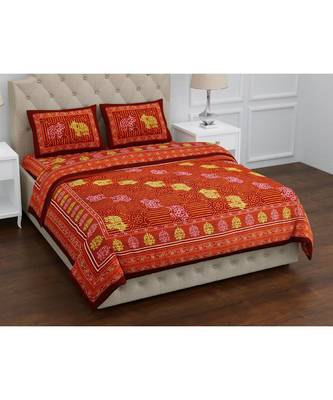 Orange  Purecotton  Ehtnic King Size Double Bed Sheet With Pillow Cover 1