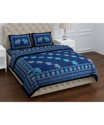 Blue Pure Cotton  Ehtnic King Size Double Bed Sheet With Pillow Cover 1