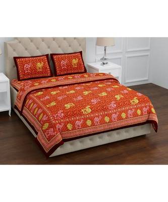 Orange Pure Cotton  Ehtnic King Size Double Bed Sheet With Pillow Cover 1