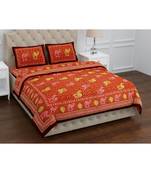 Orange Pure Cotton  Ehtnic King Size Double Bed Sheet With Pillow Cover