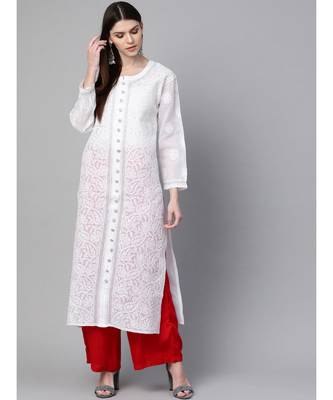 Women'S Hand Embroidered White Cotton Lucknow Chikankari Women Kurta 1