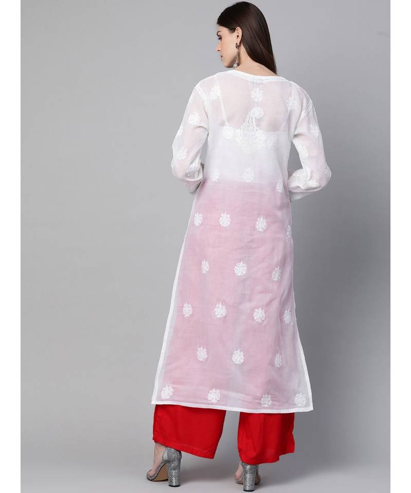 Women'S Hand Embroidered White Cotton Lucknow Chikankari Women Kurta