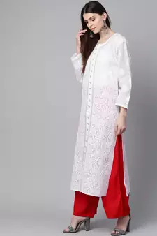 Women'S Hand Embroidered White Cotton Lucknow Chikankari Women Kurta
