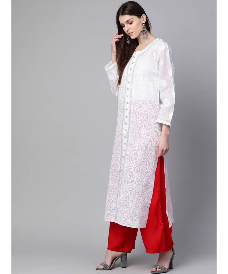 Women'S Hand Embroidered White Cotton Lucknow Chikankari Women Kurta