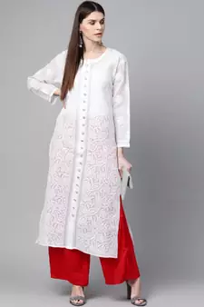 Women'S Hand Embroidered White Cotton Lucknow Chikankari Women Kurta