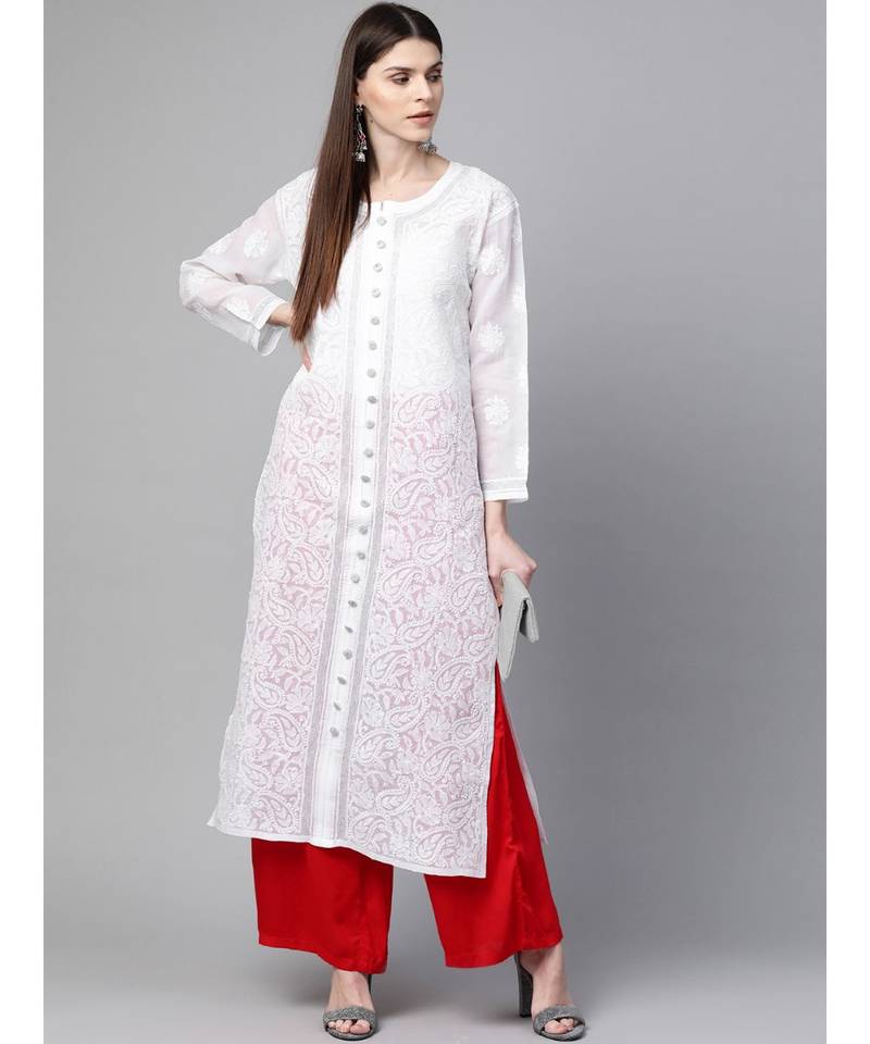 Women'S Hand Embroidered White Cotton Lucknow Chikankari Women Kurta