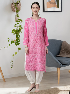 Women'S Hand Embroidered Pink Georgette Lucknow Chikankari Women Kurta 1
